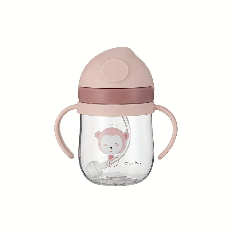 1pc 250ml/8.45oz Cute Cartoon Plastic Water Cup, Leakproof Straw Water Bottle With Double Handle, Portable For Outdoor Sports, Fitness, Travel