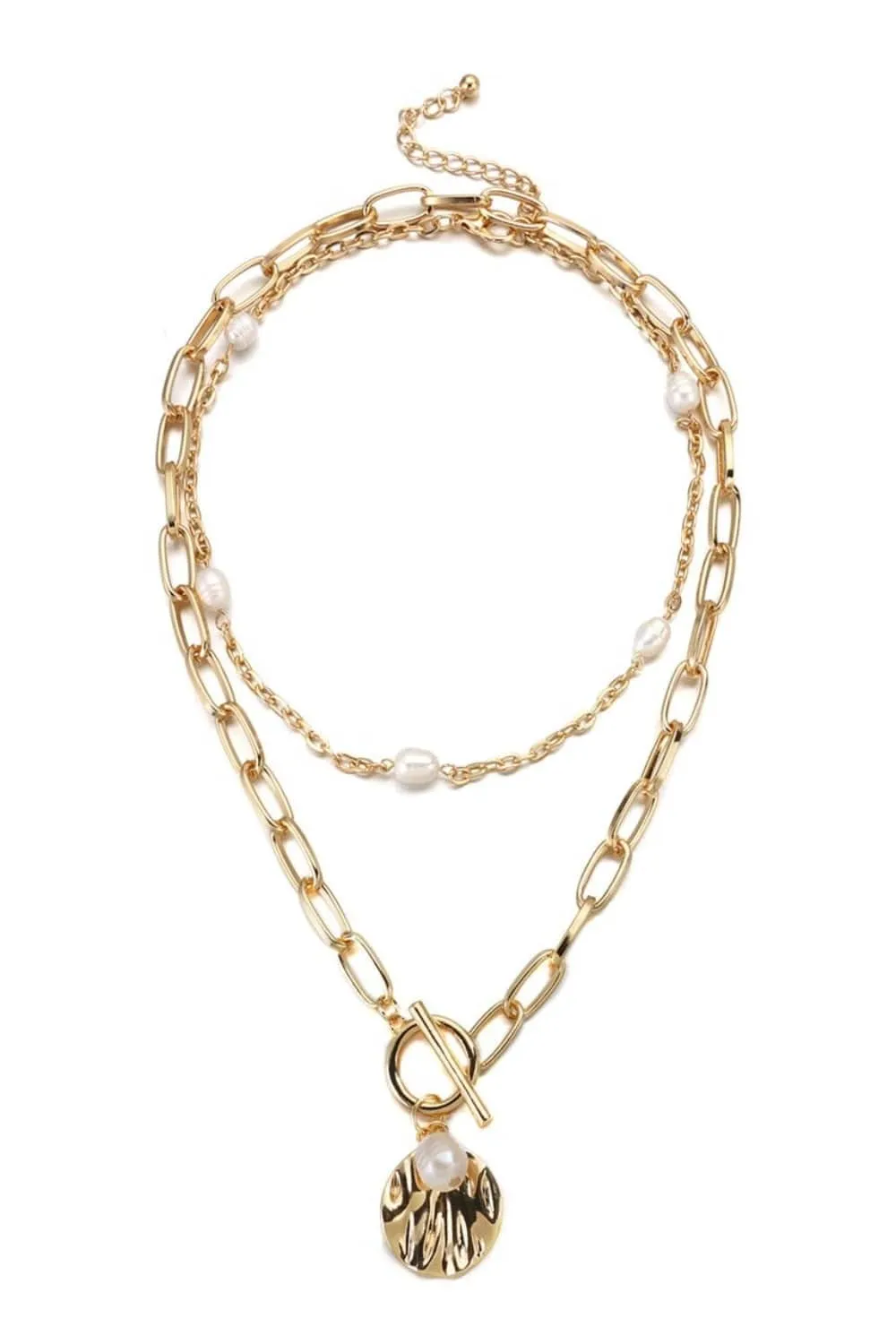 2 Tier Pearl Chain Pendant Gold Layered Necklace