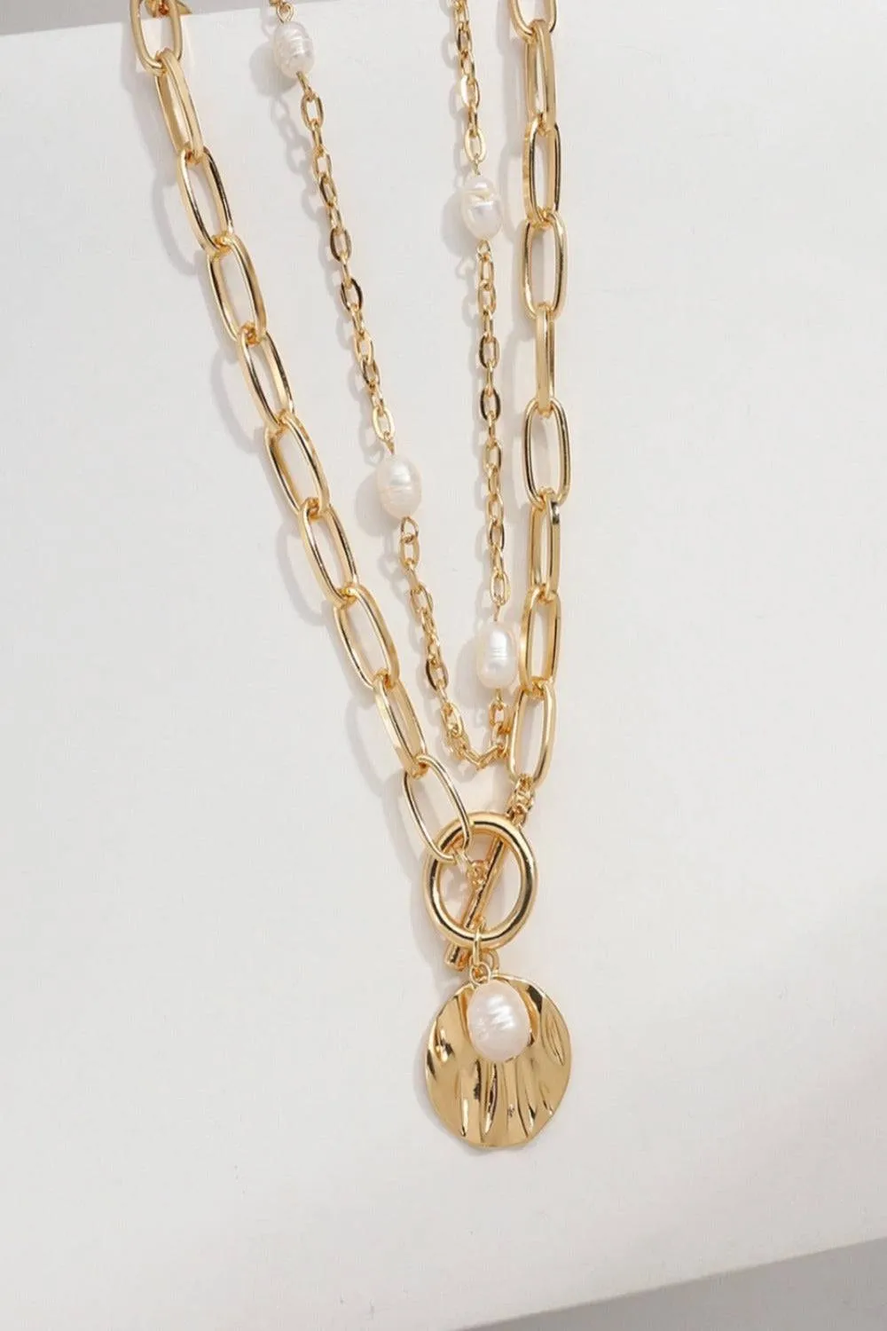 2 Tier Pearl Chain Pendant Gold Layered Necklace