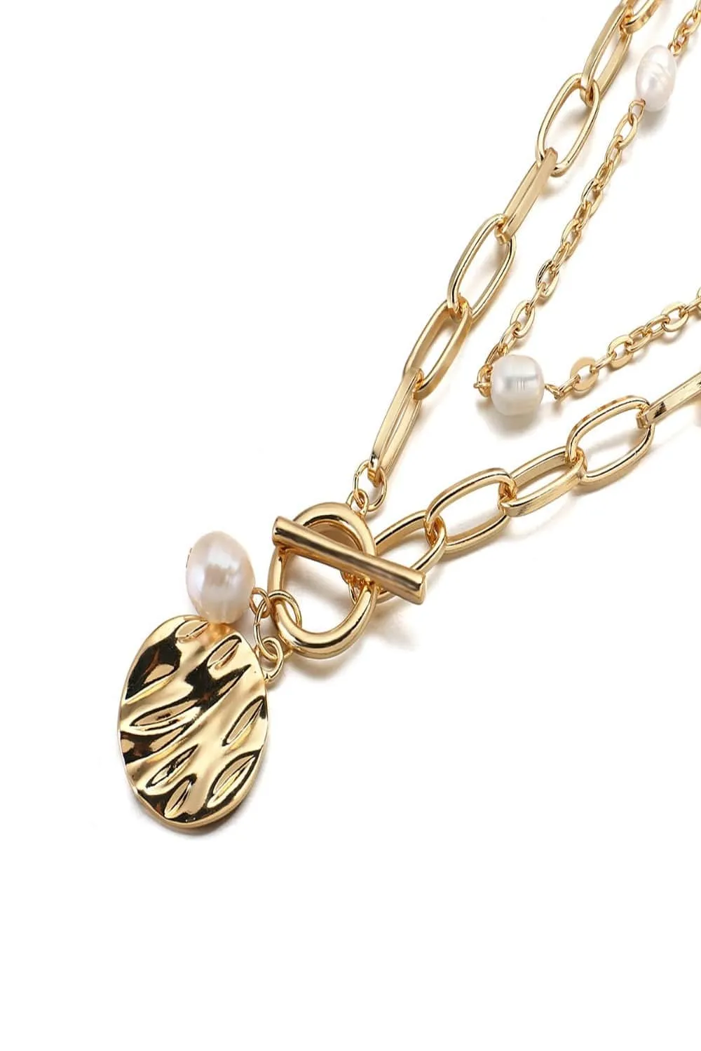 2 Tier Pearl Chain Pendant Gold Layered Necklace