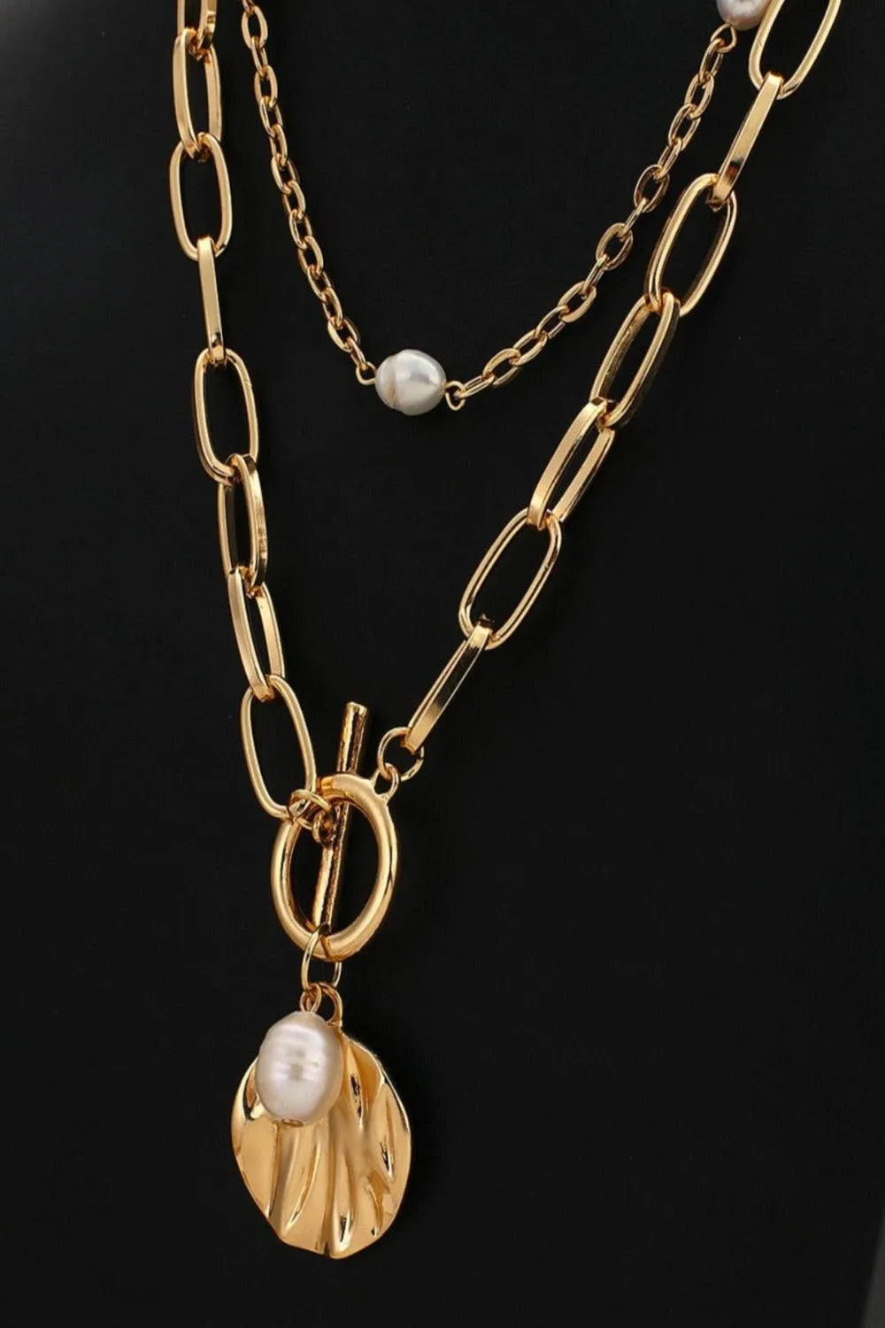 2 Tier Pearl Chain Pendant Gold Layered Necklace