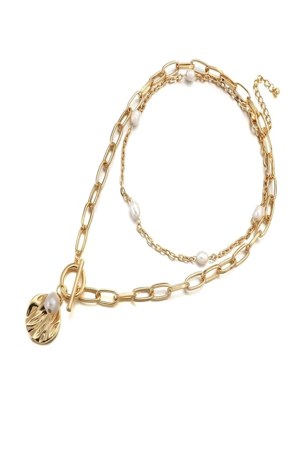 2 Tier Pearl Chain Pendant Gold Layered Necklace