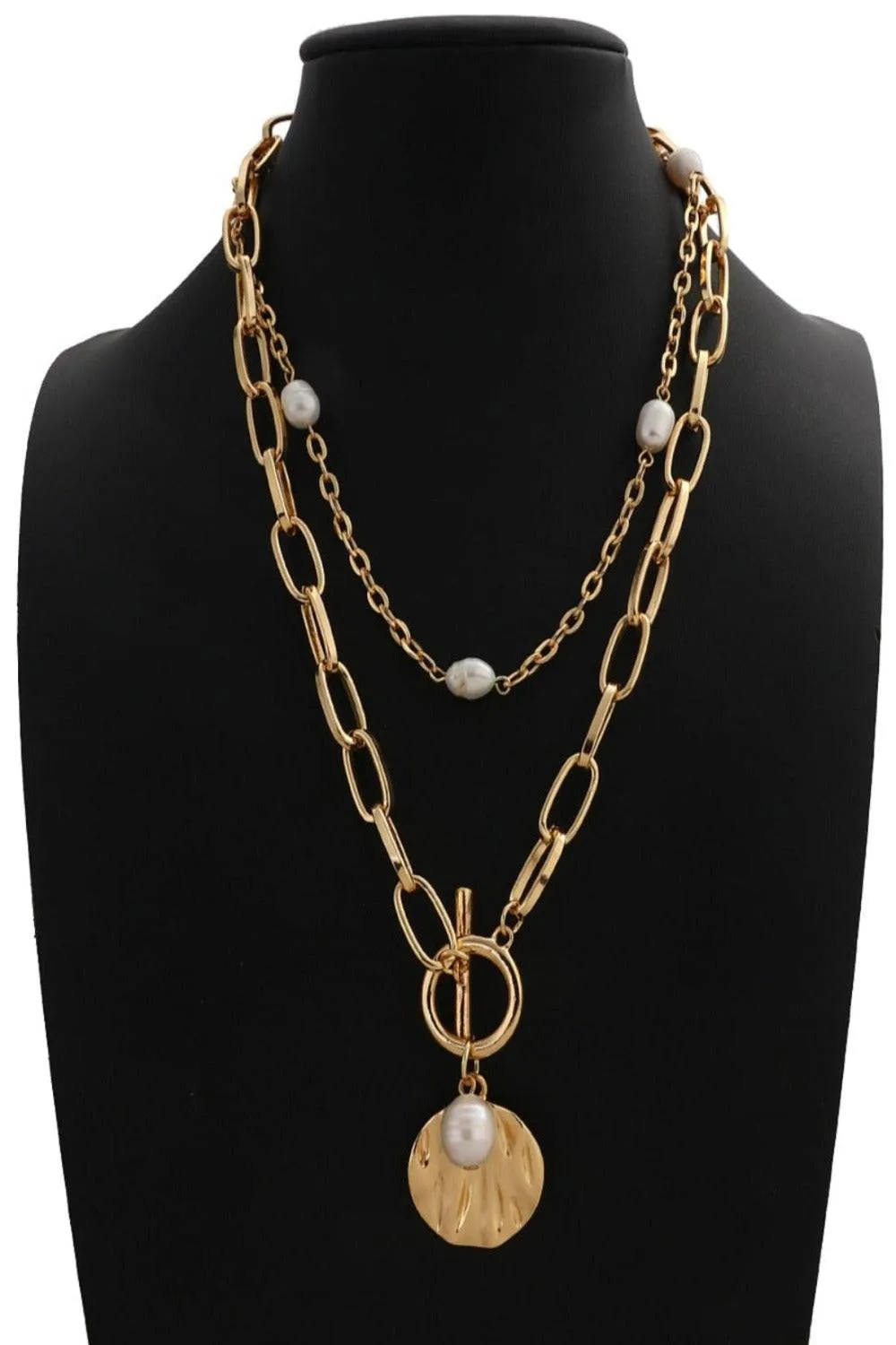 2 Tier Pearl Chain Pendant Gold Layered Necklace