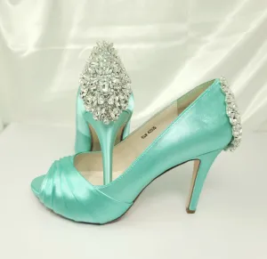 Aqua Blue Green Wedding Shoes with Crystal Heel Design