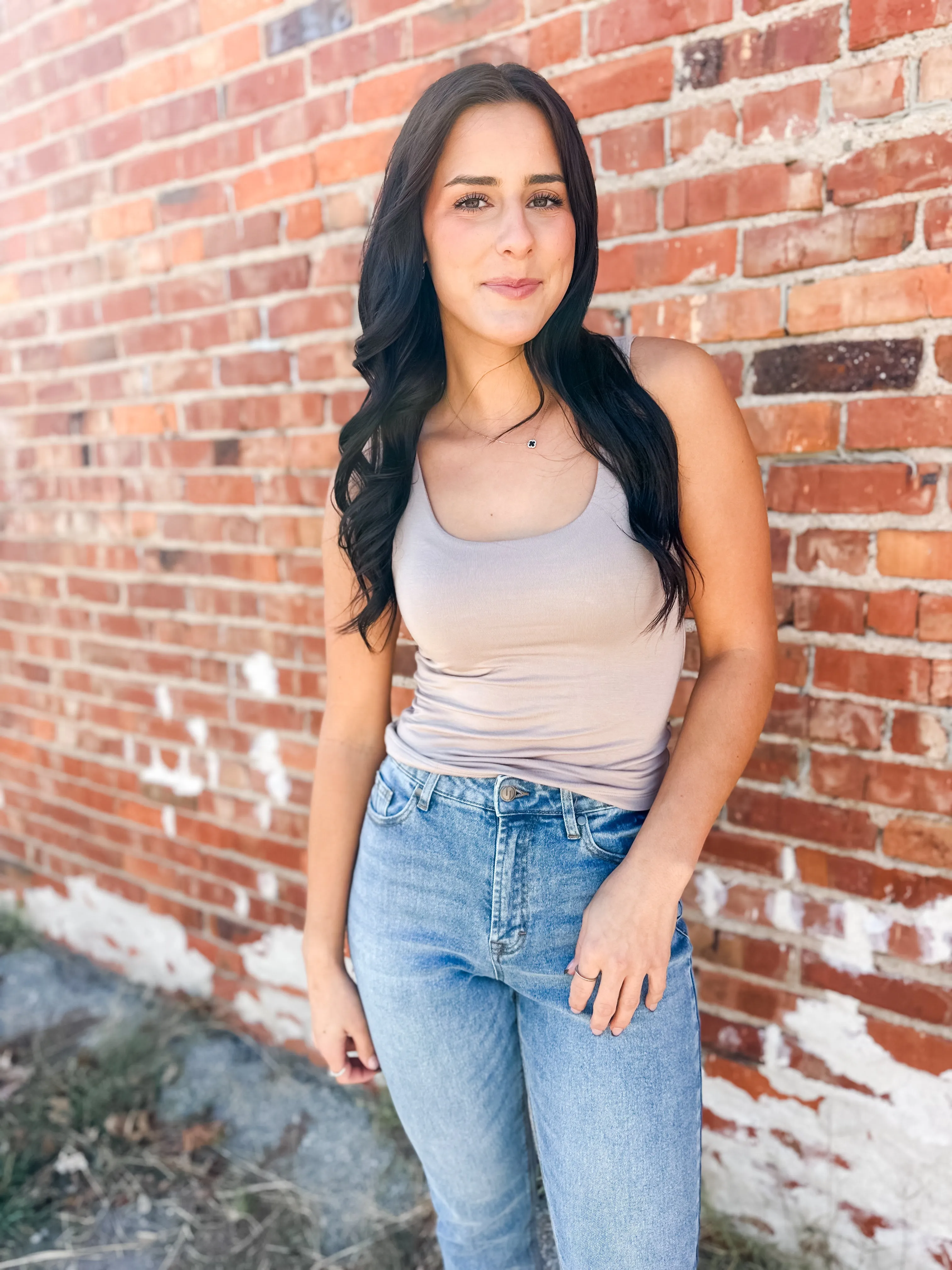 Basic Scoop Neck Double Lined Tank - Light Mocha