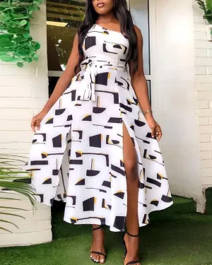 BerryBetty - All Over Print One Shoulder Self Tie Split Thigh Dress