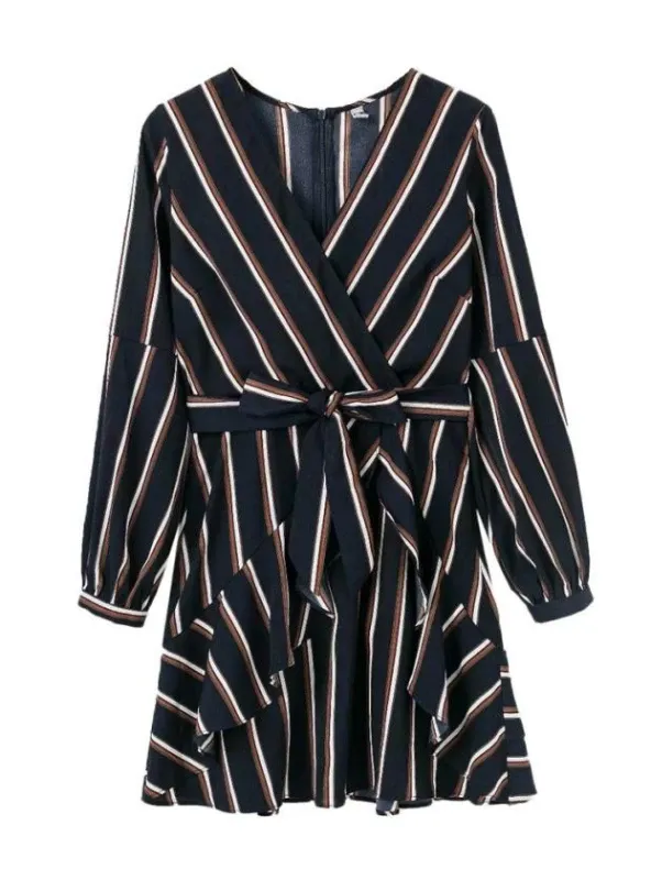 BerryBetty - Lantern Sleeve Casual Striped V-Neck Dress