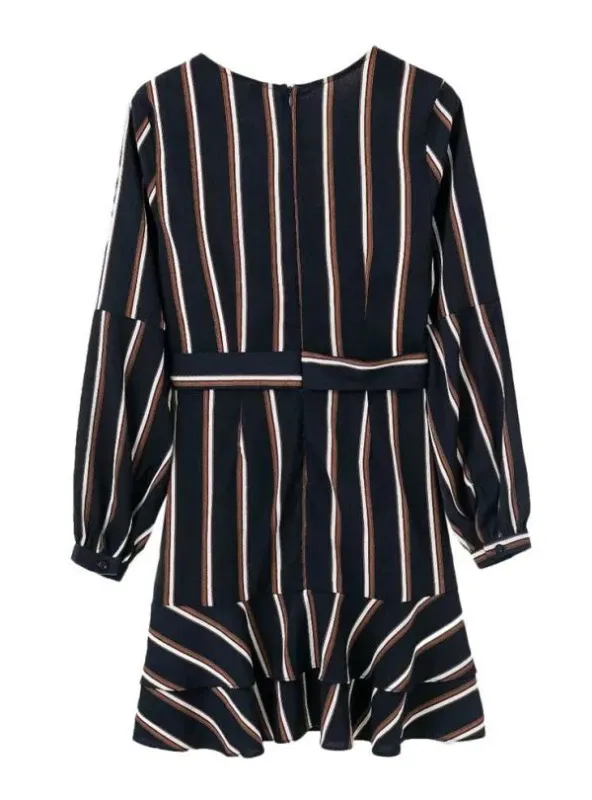 BerryBetty - Lantern Sleeve Casual Striped V-Neck Dress