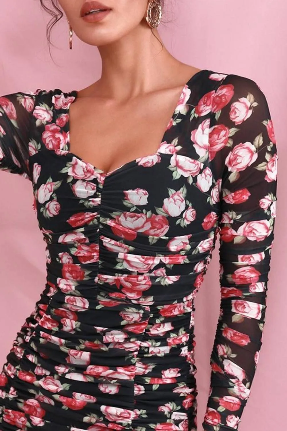 Black Floral Print Elastic Long Sleeve Midi Dress