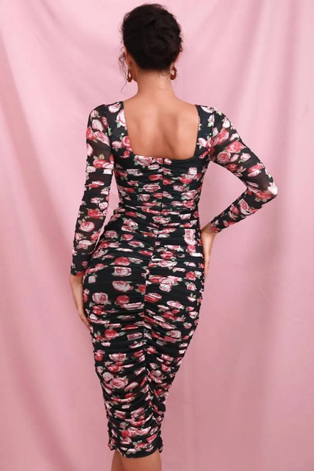 Black Floral Print Elastic Long Sleeve Midi Dress