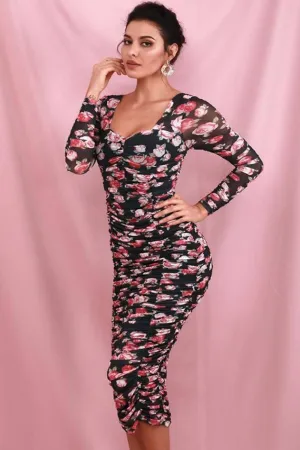 Black Floral Print Elastic Long Sleeve Midi Dress