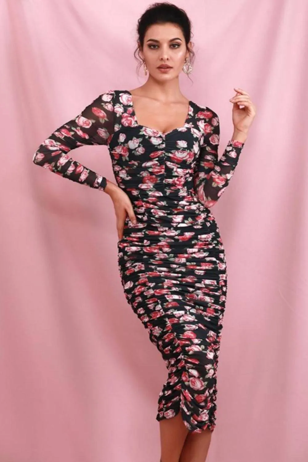 Black Floral Print Elastic Long Sleeve Midi Dress