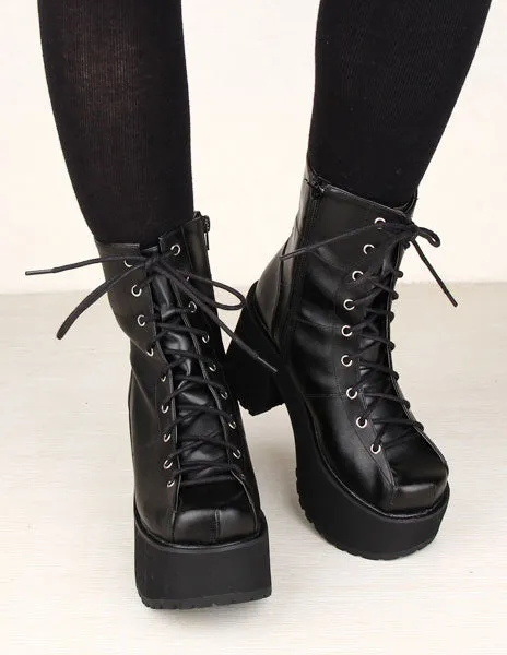 Black Lace Up PU Lolita Boots for Girls