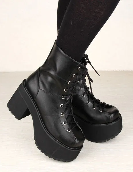 Black Lace Up PU Lolita Boots for Girls