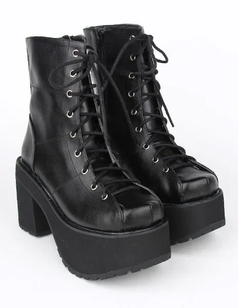 Black Lace Up PU Lolita Boots for Girls
