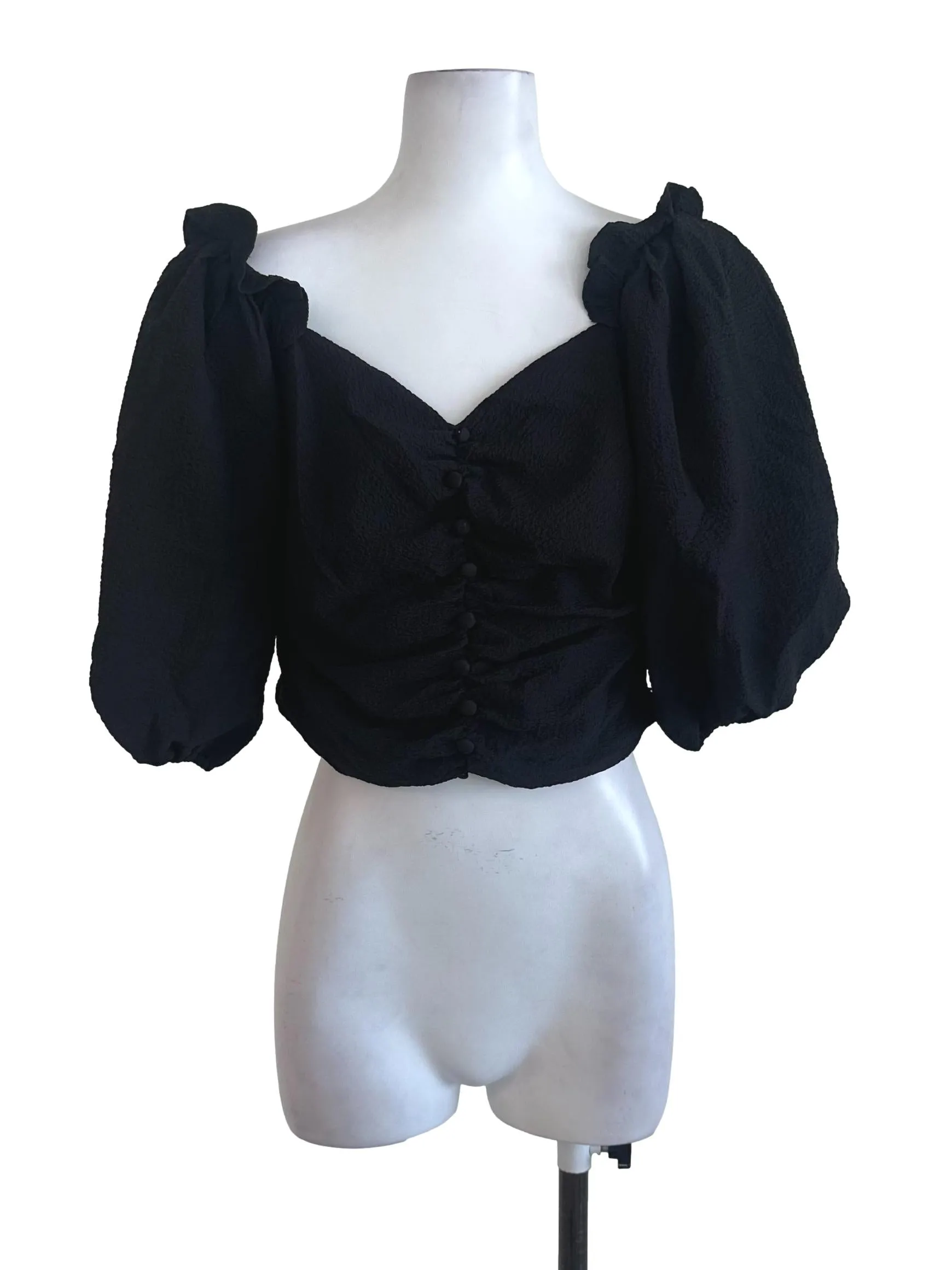 Black Plain Textured  Puff Sleeve Top TWL