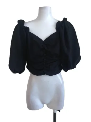 Black Plain Textured  Puff Sleeve Top TWL