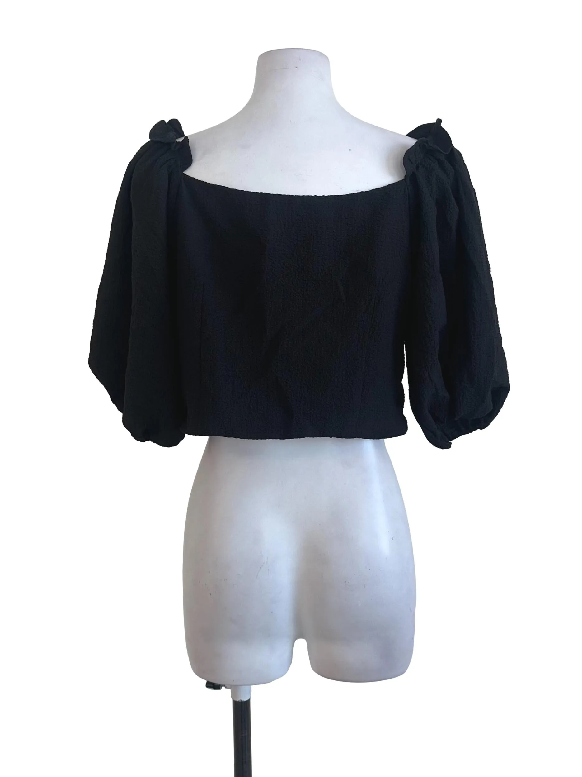 Black Plain Textured  Puff Sleeve Top TWL