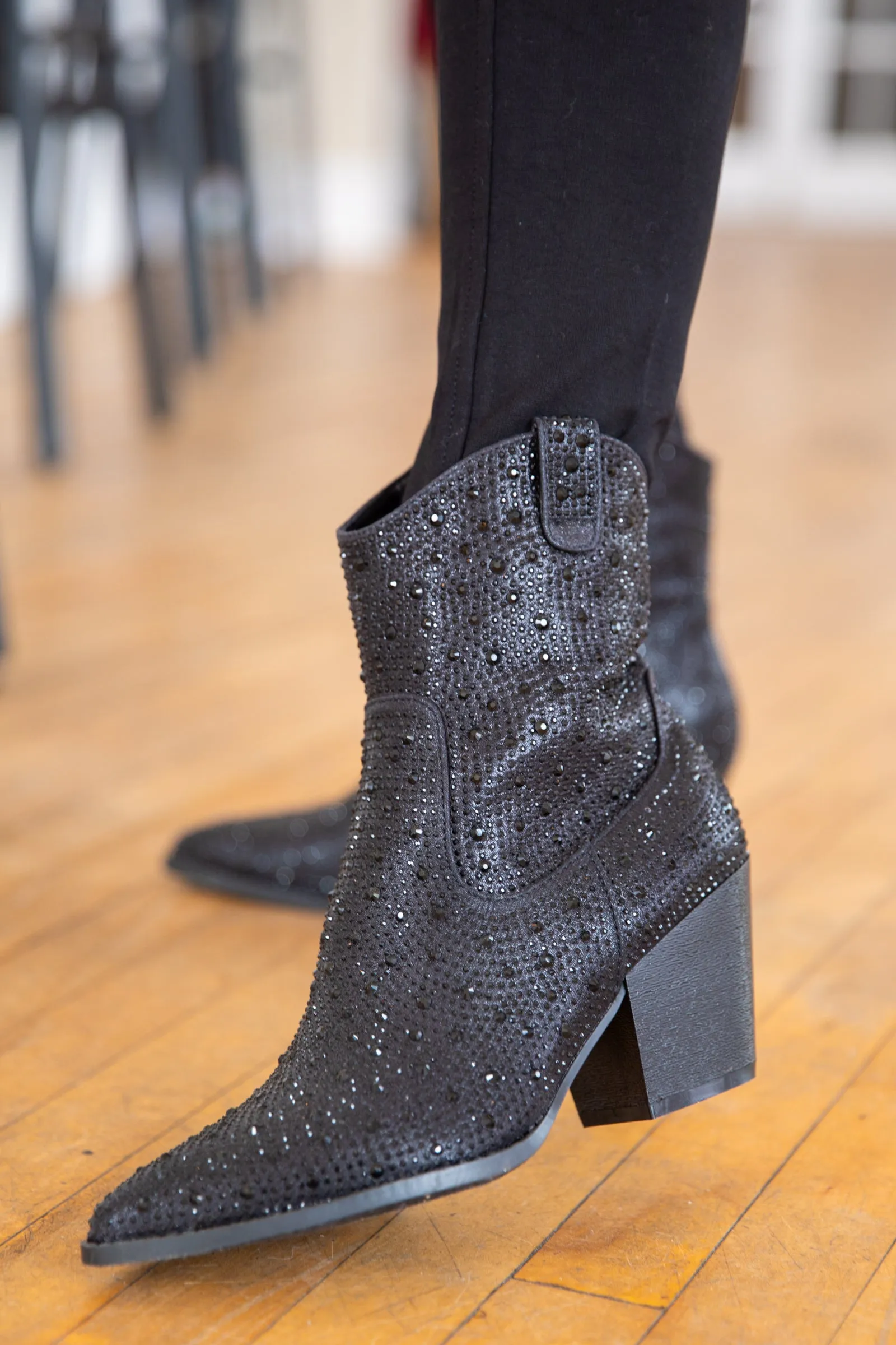 Black Point Toe Booties With Rhinestones