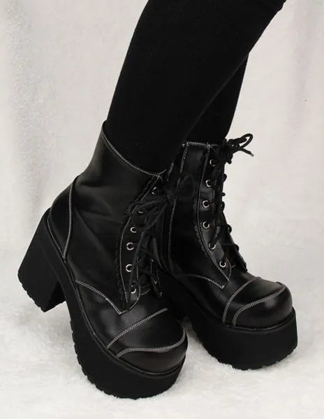 Black PU Leather Lolita Heel Boots for Girls