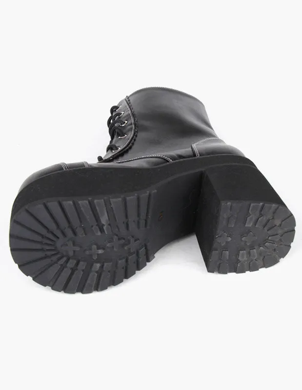 Black PU Leather Lolita Heel Boots for Girls