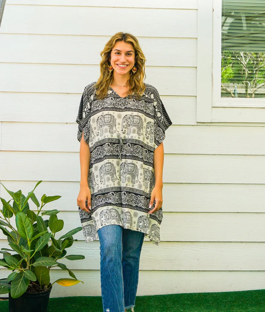 Black Royal Elephant Kaftan Tunic Blouse