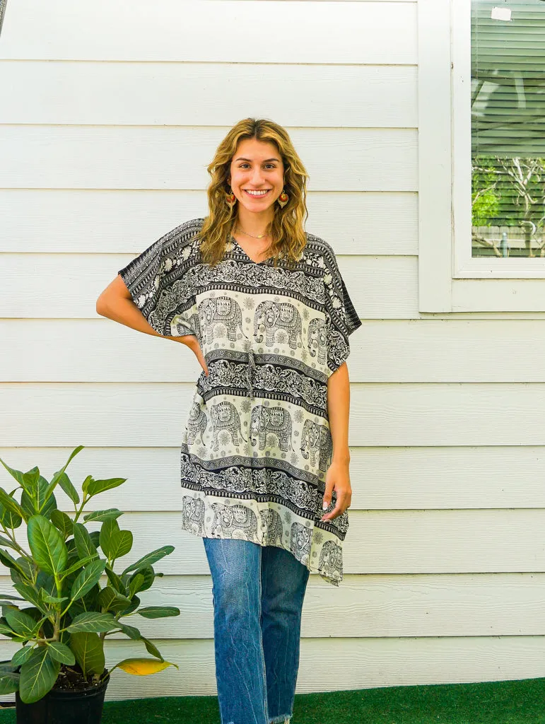 Black Royal Elephant Kaftan Tunic Blouse