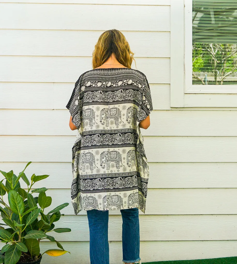 Black Royal Elephant Kaftan Tunic Blouse