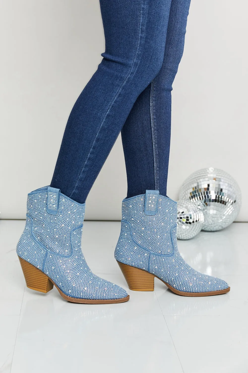 Blue denim rhinestone cowboy bootie