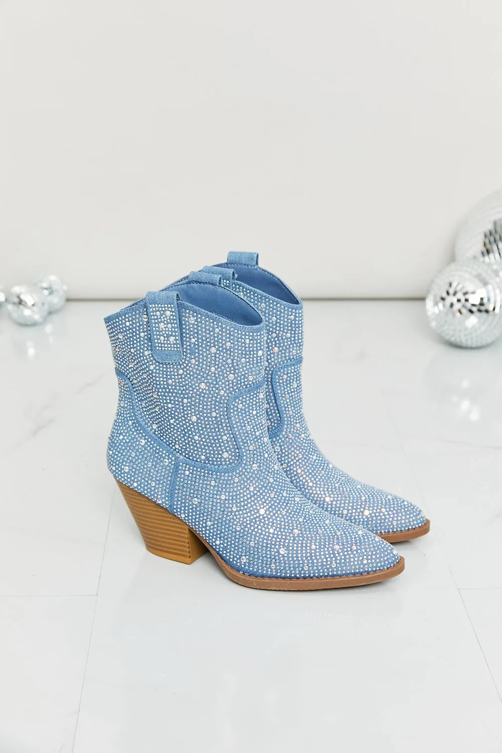 Blue denim rhinestone cowboy bootie