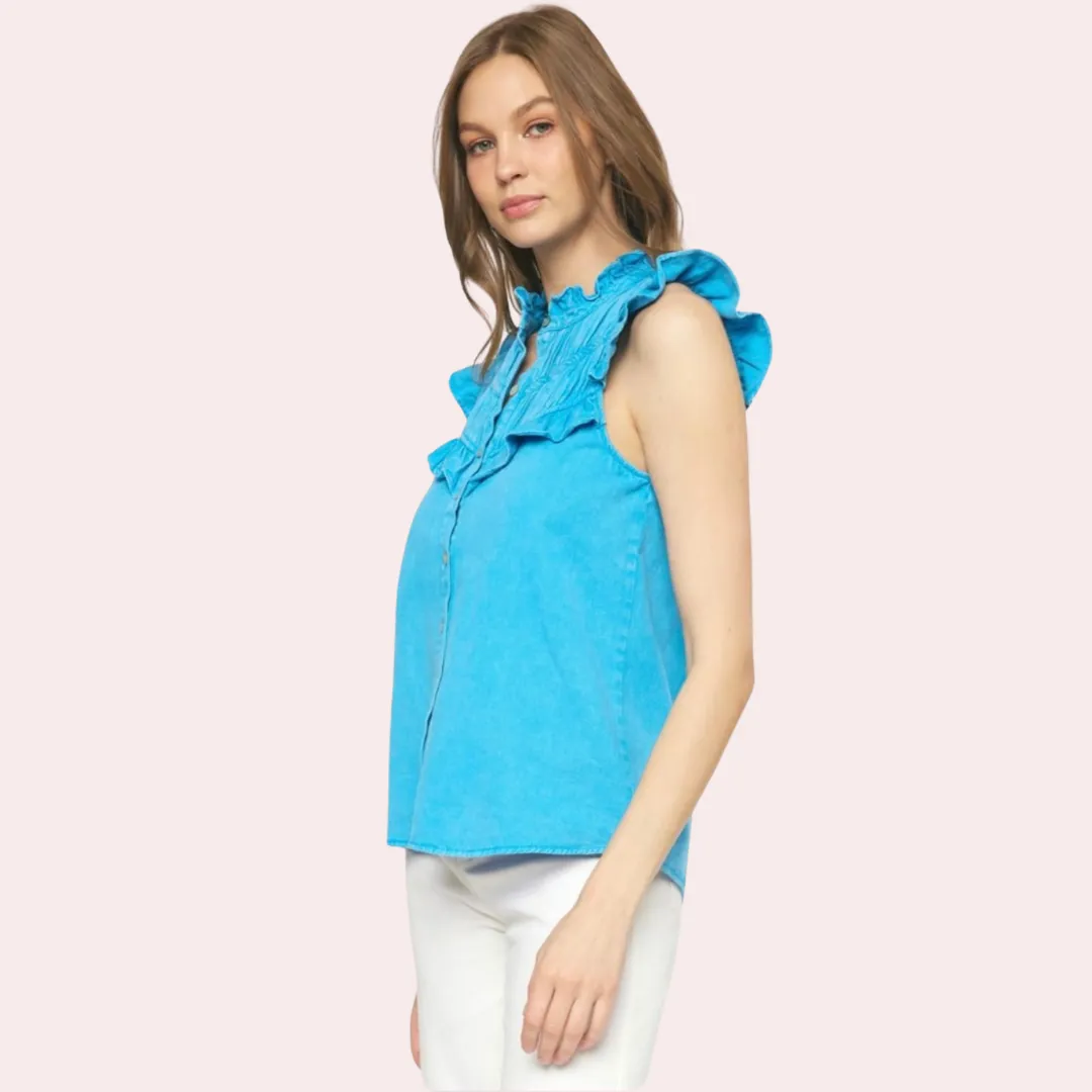 Blue denim top with flutter sleeves