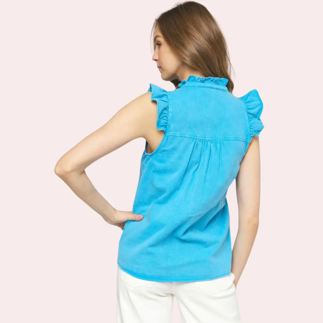 Blue denim top with flutter sleeves