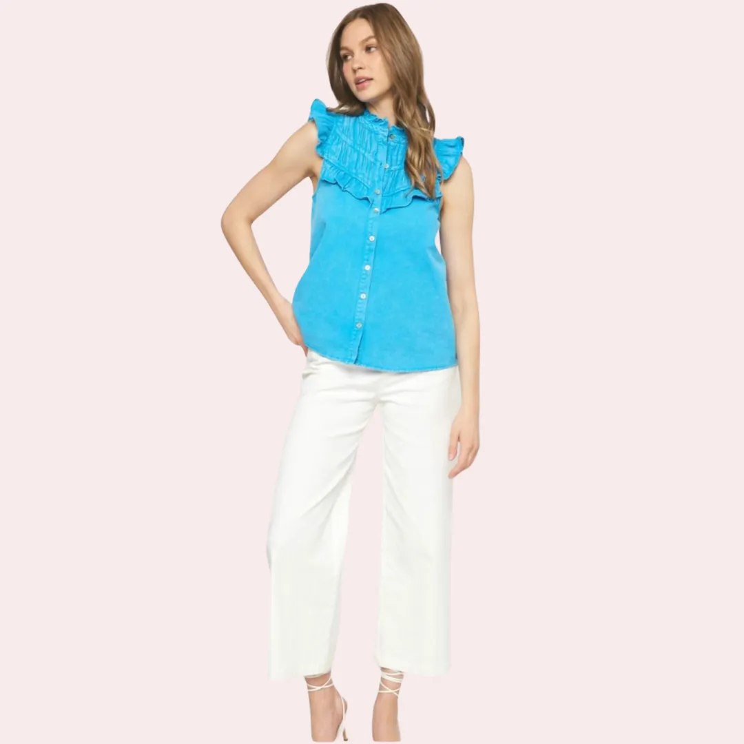 Blue denim top with flutter sleeves
