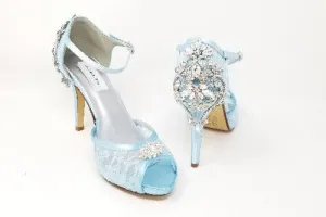 Blue Lace Bridal Shoes with Sparkling Crystal Heel Design