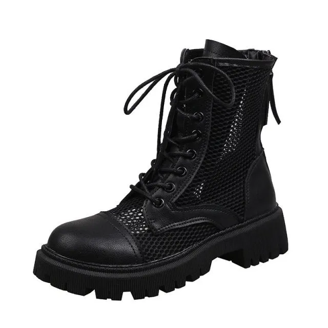 Breathable Mesh Summer Ankle Boots for Women Fashion Black Beige Zip Lace Up Casual Shoes Woman Flat Platform Cool Boots