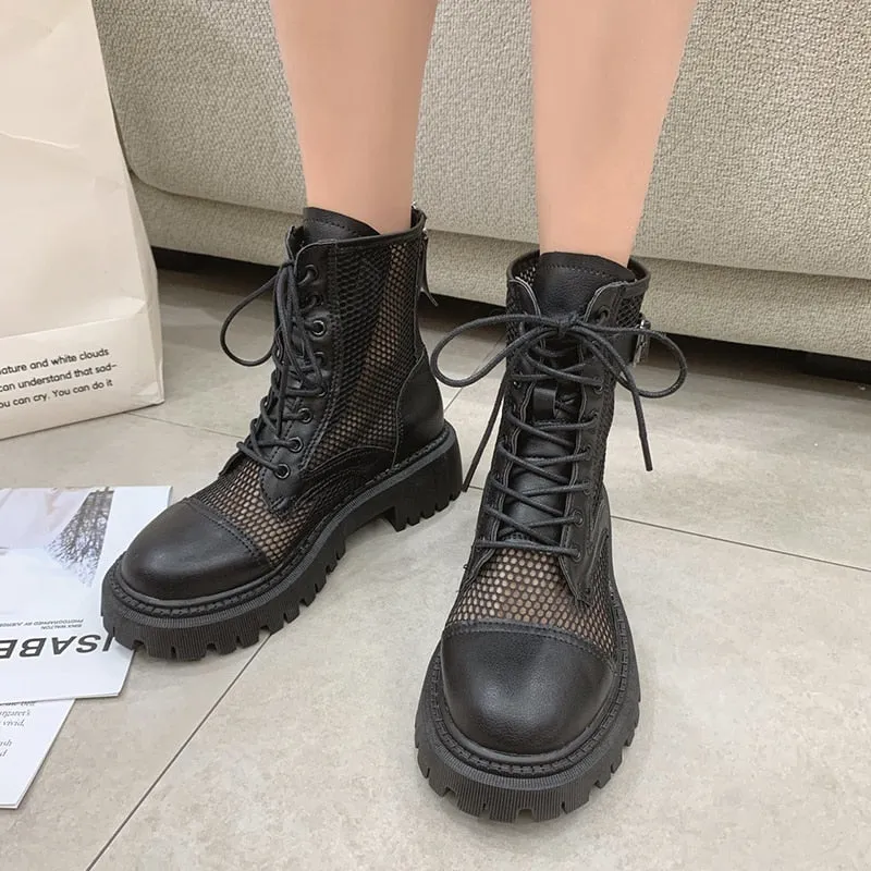 Breathable Mesh Summer Ankle Boots for Women Fashion Black Beige Zip Lace Up Casual Shoes Woman Flat Platform Cool Boots