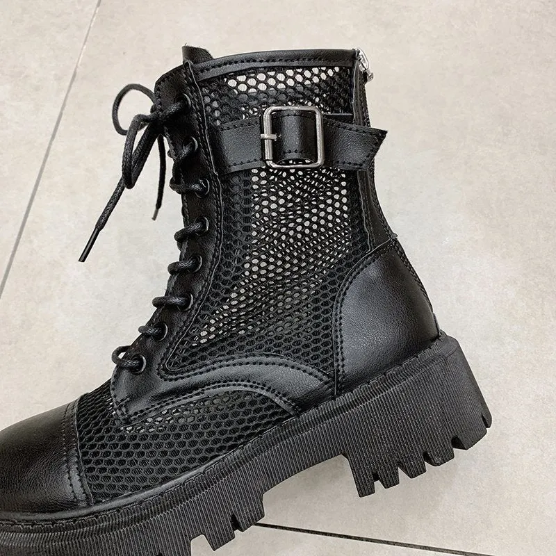 Breathable Mesh Summer Ankle Boots for Women Fashion Black Beige Zip Lace Up Casual Shoes Woman Flat Platform Cool Boots