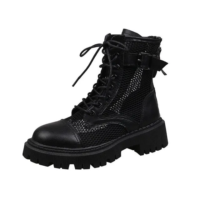 Breathable Mesh Summer Ankle Boots for Women Fashion Black Beige Zip Lace Up Casual Shoes Woman Flat Platform Cool Boots