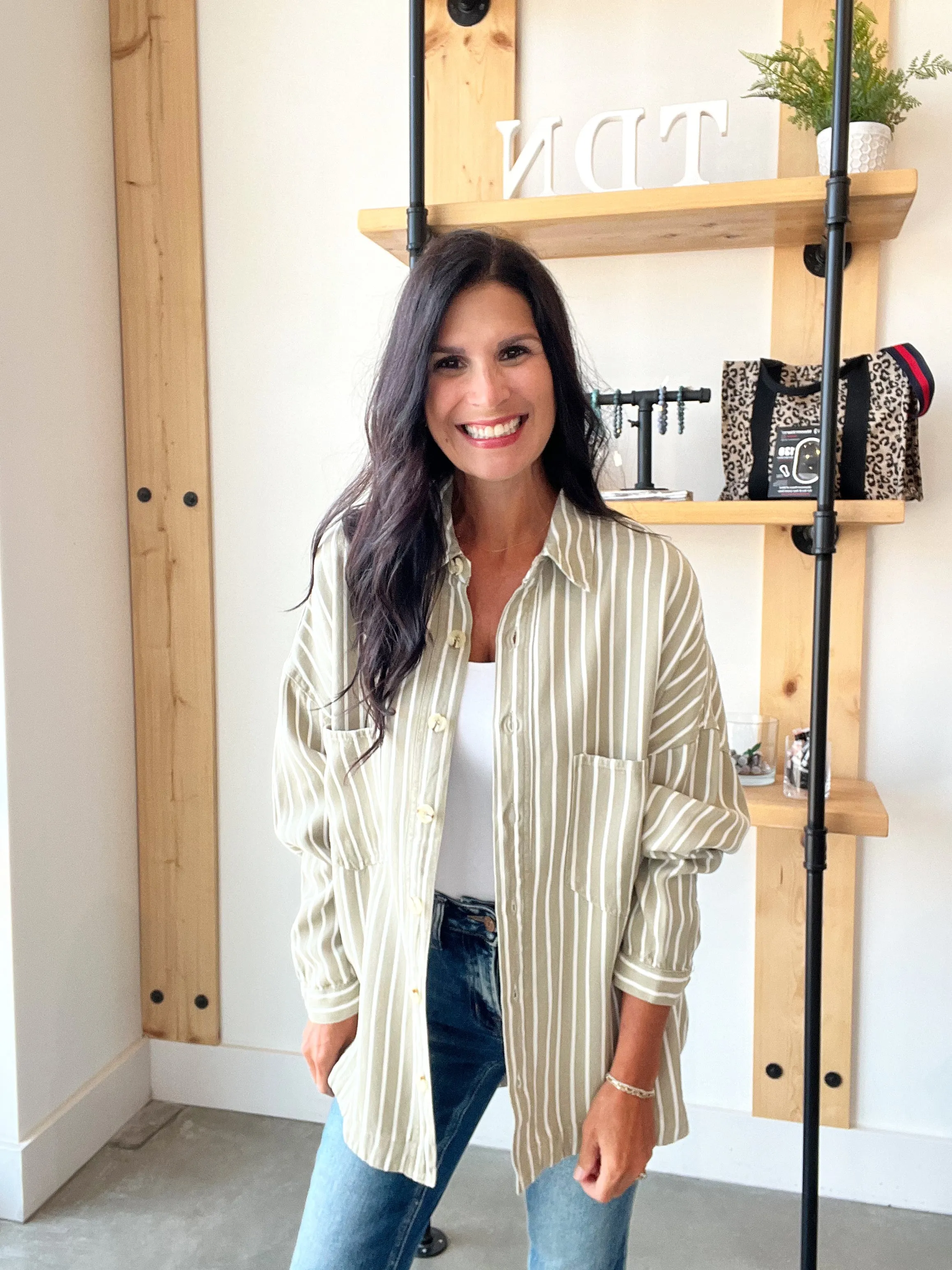 Button Down Long Sleeve Shacket in Olive