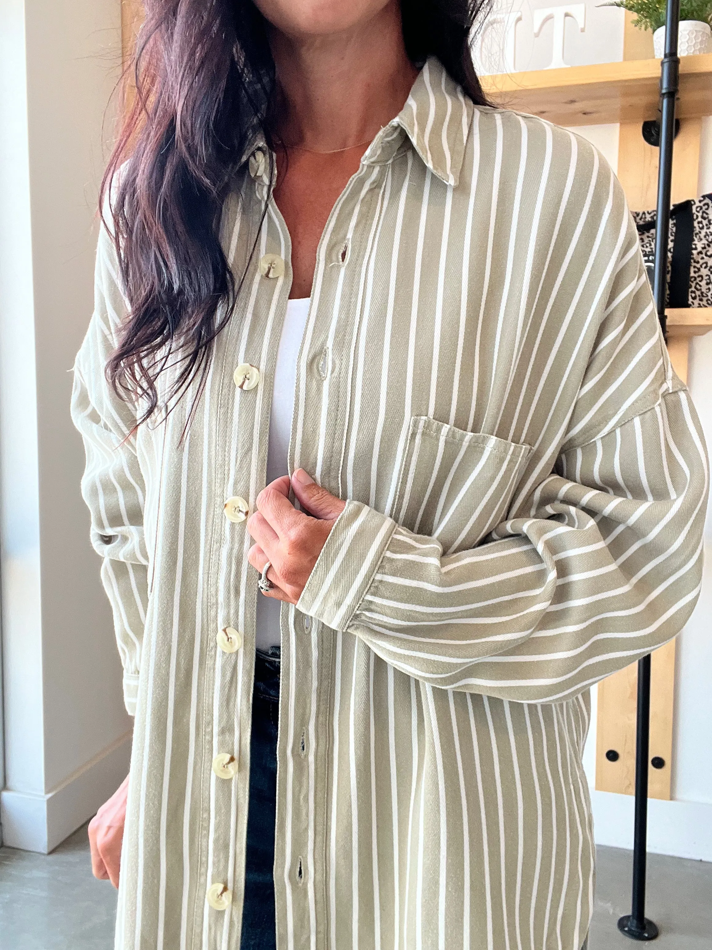 Button Down Long Sleeve Shacket in Olive