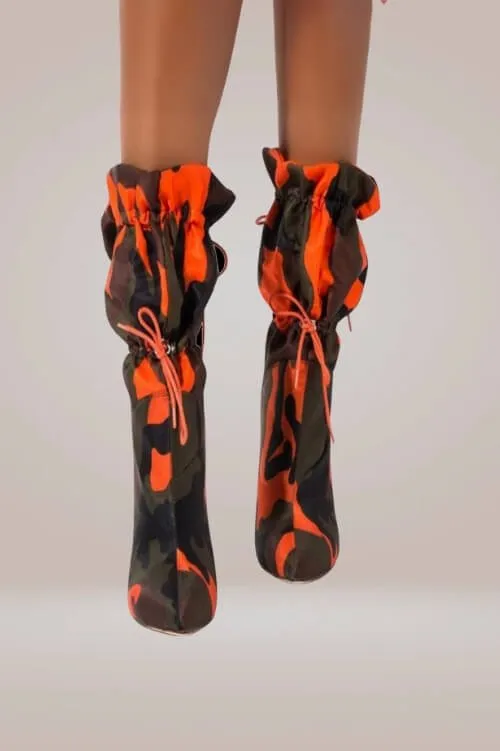 Camo Orange High Heel Ankle Boots