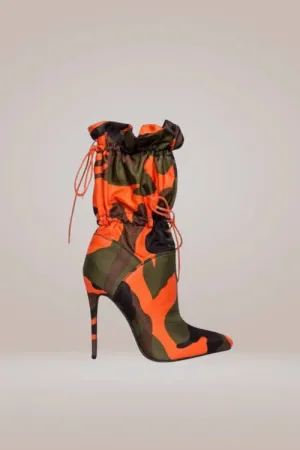 Camo Orange High Heel Ankle Boots