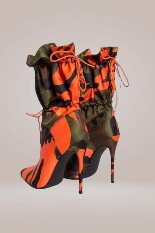 Camo Orange High Heel Ankle Boots