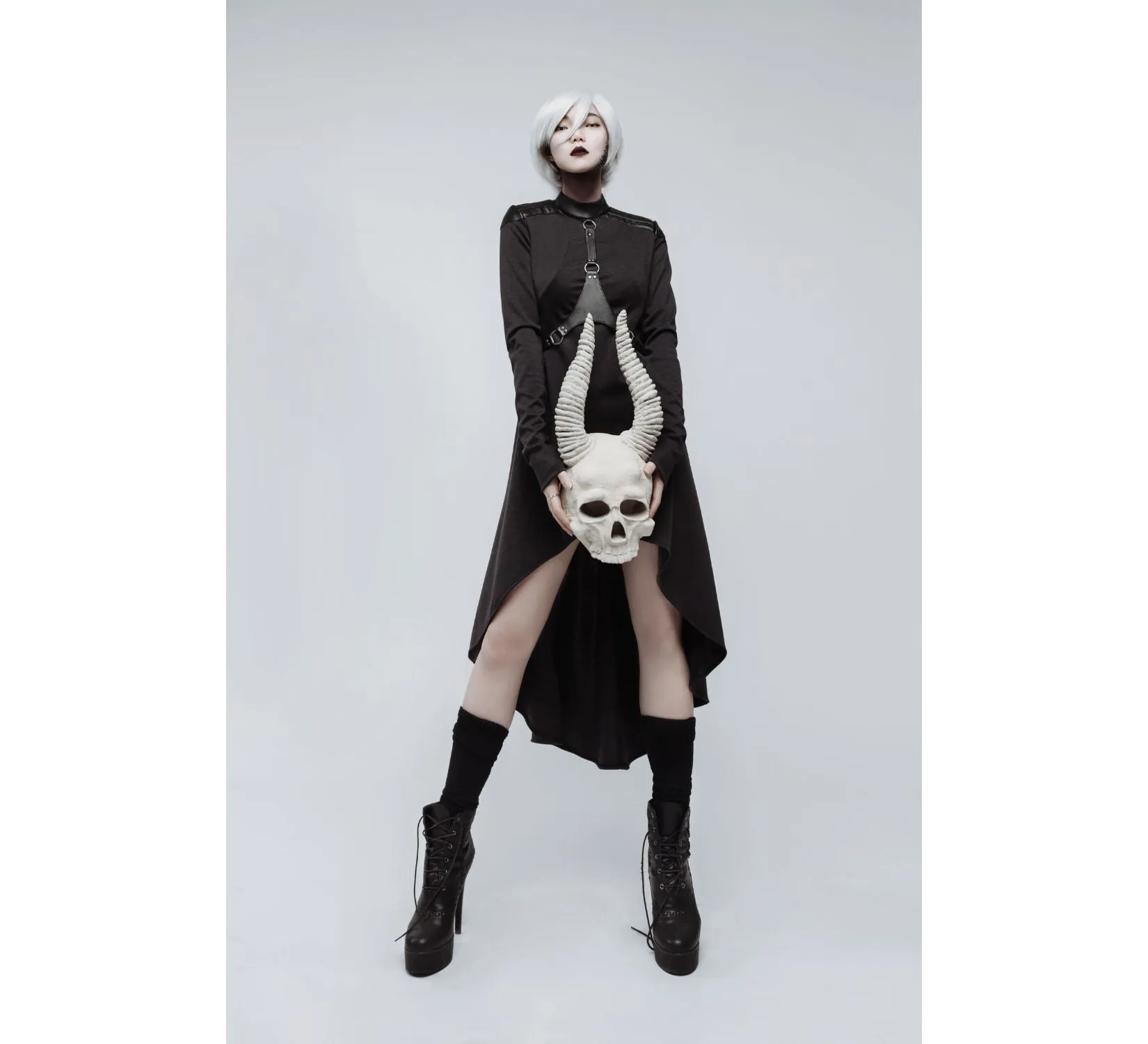 Casual gothic black high collar asymmetrical jersey dress with body harness