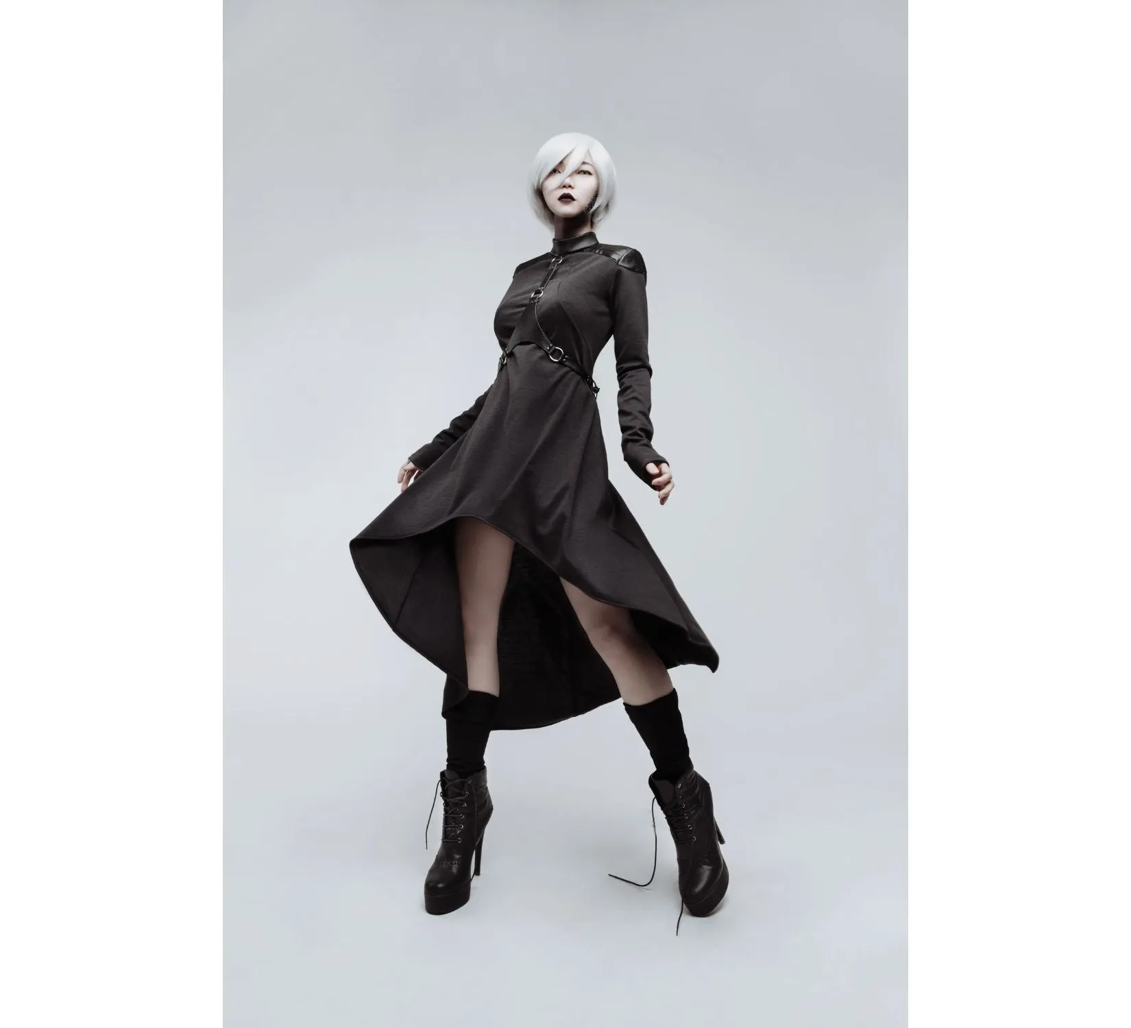 Casual gothic black high collar asymmetrical jersey dress with body harness