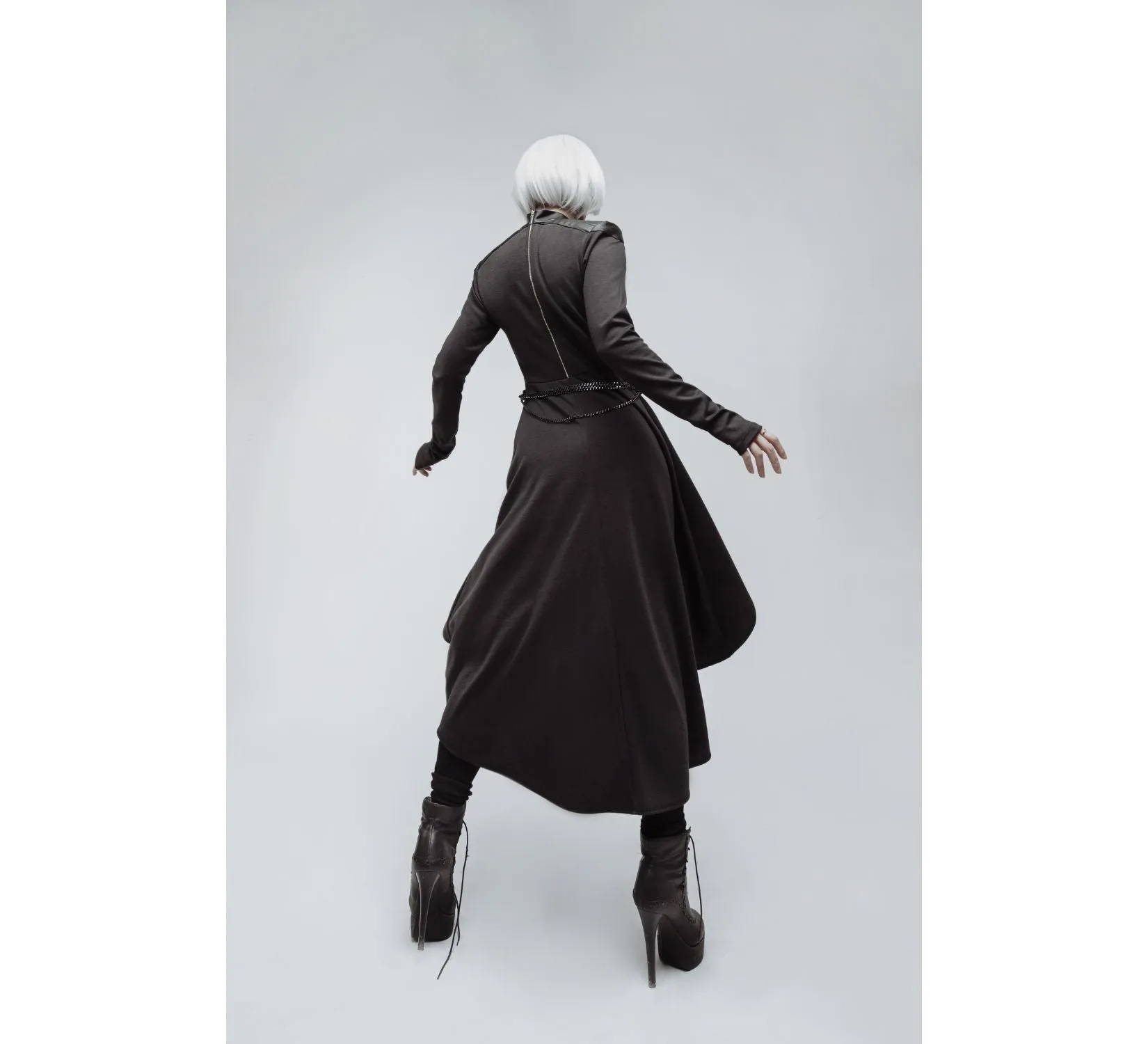 Casual gothic black high collar asymmetrical jersey dress with body harness
