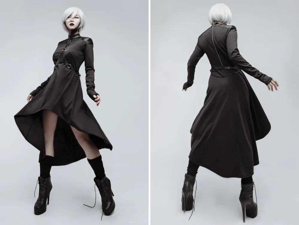 Casual gothic black high collar asymmetrical jersey dress with body harness