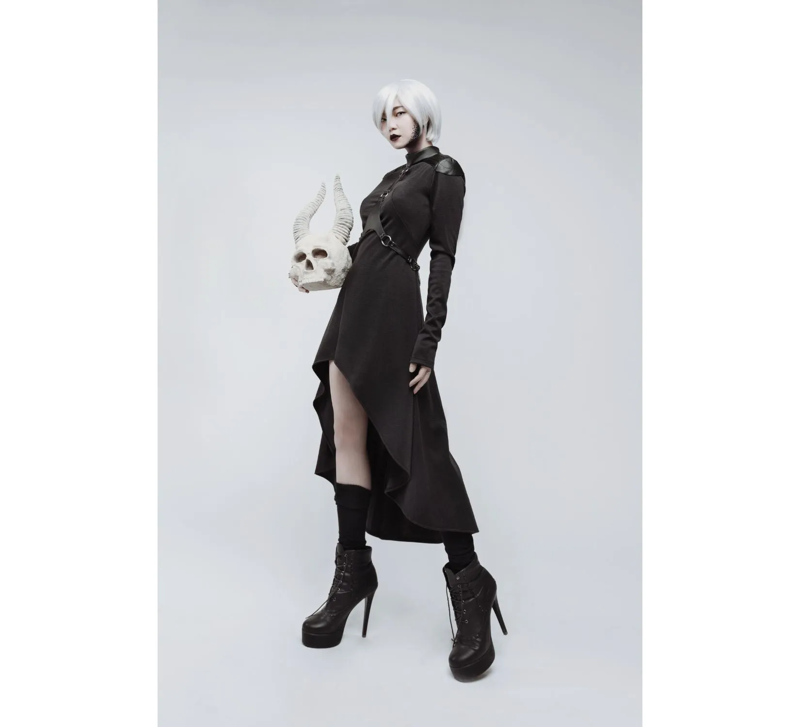 Casual gothic black high collar asymmetrical jersey dress with body harness
