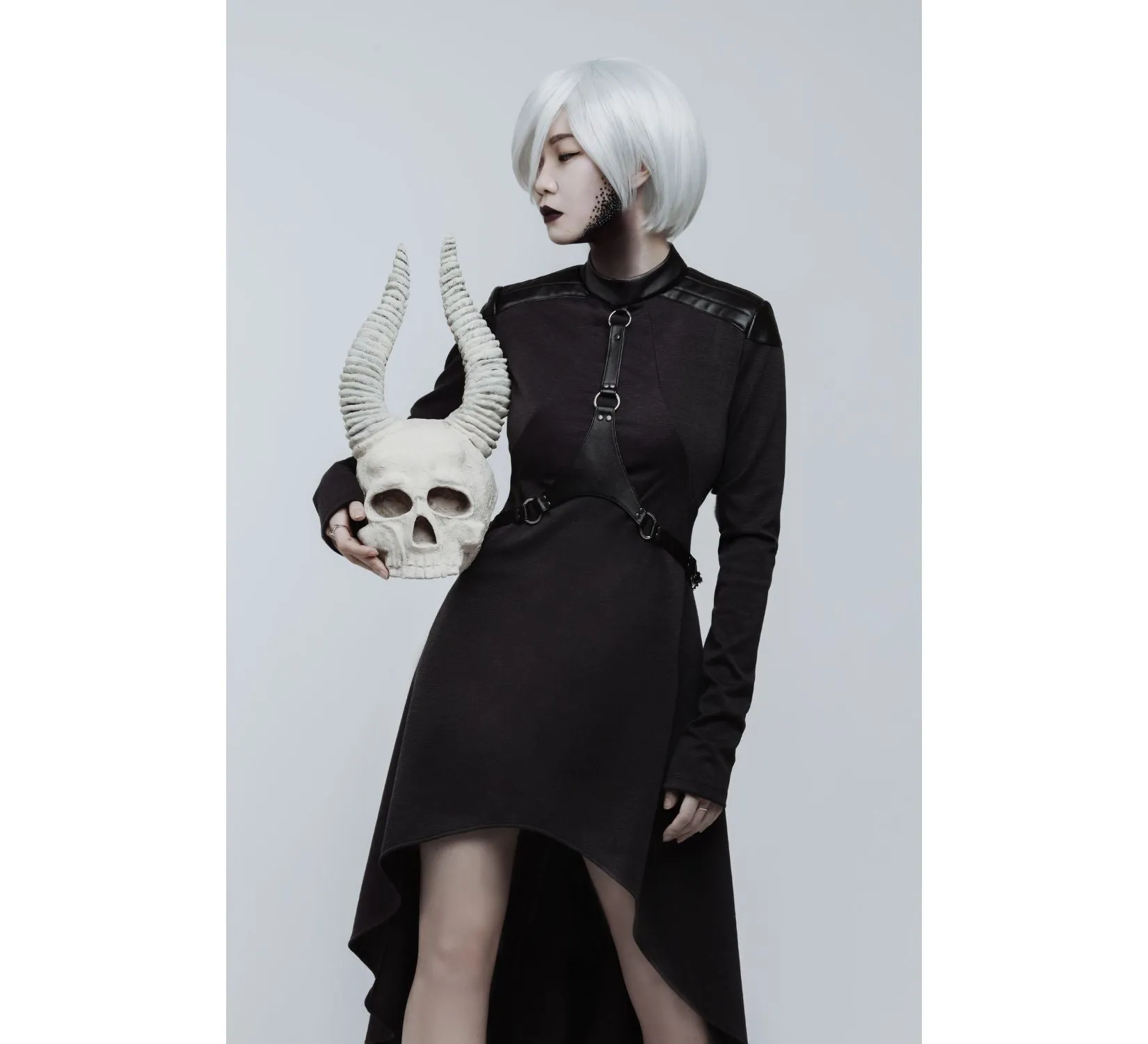 Casual gothic black high collar asymmetrical jersey dress with body harness