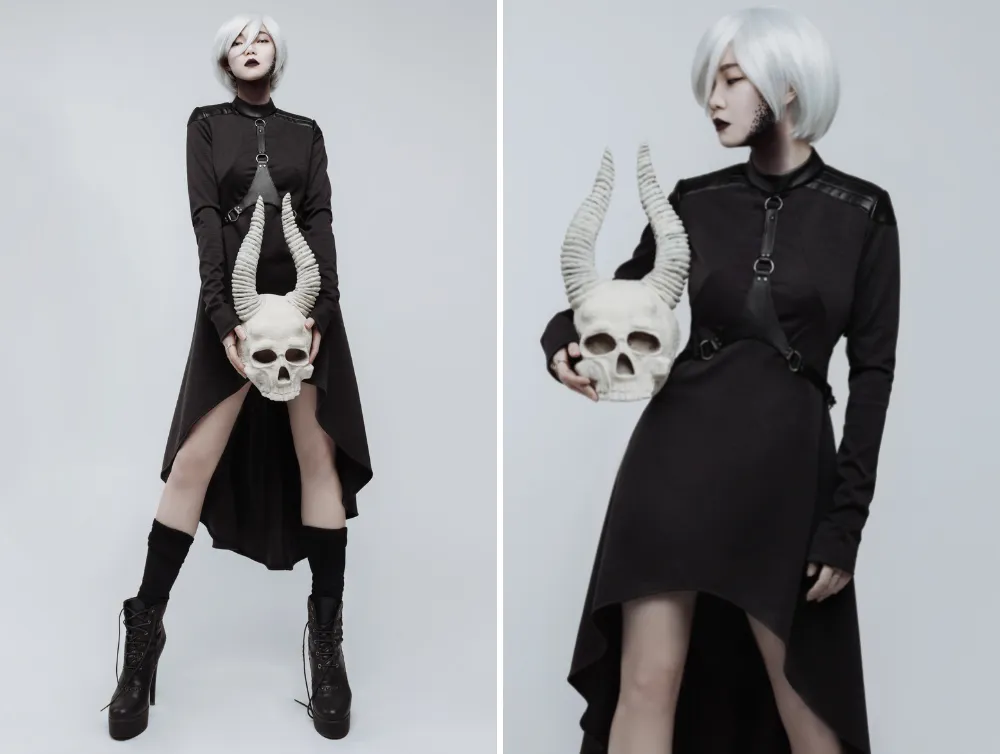 Casual gothic black high collar asymmetrical jersey dress with body harness